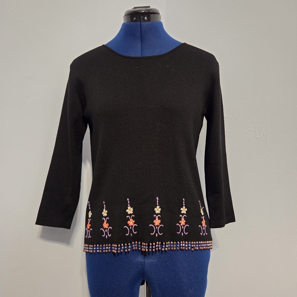 Vintage Black Silk Blend Beaded Shirt Size M